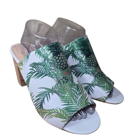 Sbicca Vintage Collection Panorama White w/ Palm Trees Heels Slides Mules Sz 10 - Picture 1 of 8